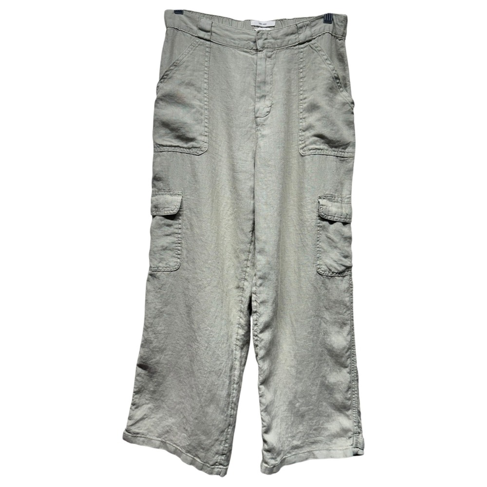 Nicole Miller Sz M Beige 100% Linen Cargo Pants Utility Wide Leg Elastic Waist‎